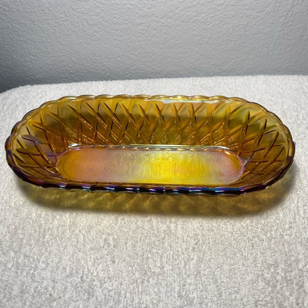 Vintage Indiana Glass Amber Carnival Celery Bread Dish Bowl Basket Weave - Picture 2 of 8